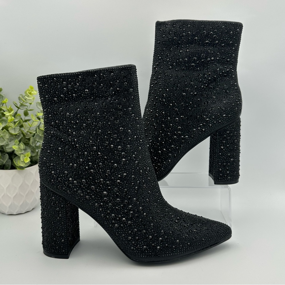 Lauren Lorraine Women's Black Crystal Embellished Pointed Toe Boots Size 9.5